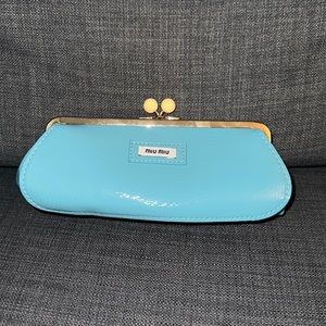 Miu Miu Mini Clutch Pouch Bag Faux Patent Leather Light Blue Torqouise